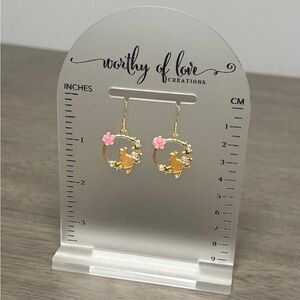 Gold Kitty Earrings with Pink Flowers,Gold Plated stainless steel earring hooks